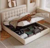 Luxurious Cal King Leather Bed in Beige with Storage with Wood Frame &Upholstery Headboard for Bedroom Functional Decor hmzsh-1546